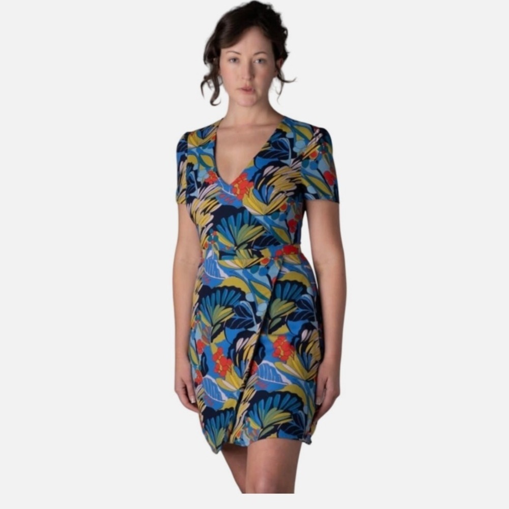 J Crew • Mercentile Blue Tropical Palm Floral Faux Wrap Dress Size 8 EUC